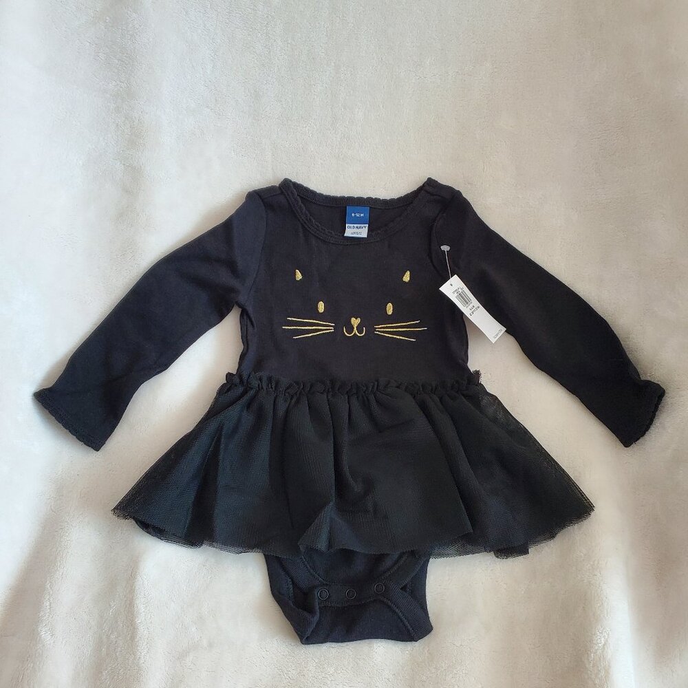 NEW Old Navy Girls Baby One Piece Dress Black Cat Gold 6 - 12 months